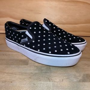 Vans Classic Slip-On Platform Shoes Women's Size 9 Black Suede Polka Dot Sneaker